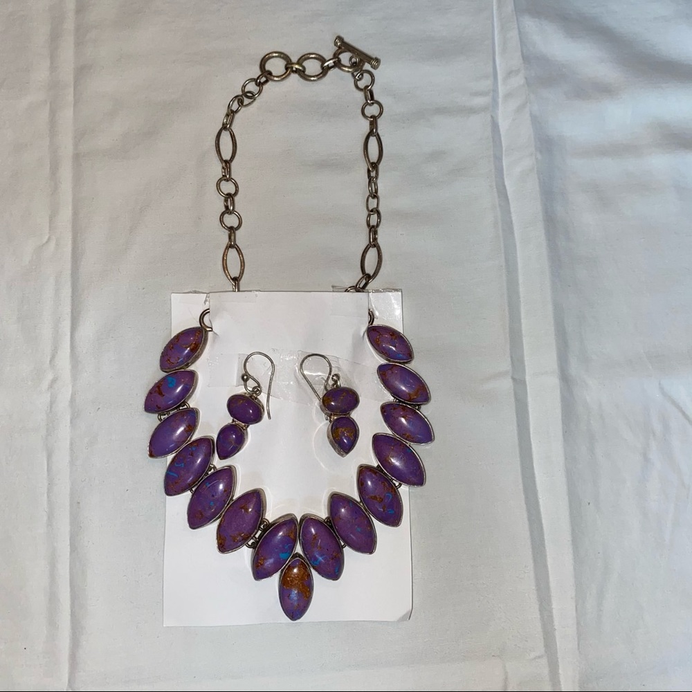 Purple stone and silver collar necklace/earrings